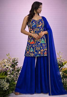 Royal Blue Printed Crepe Fusion Set