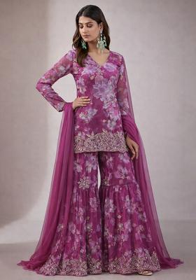 Berry Pink Floral Print Chinon Sharara Set