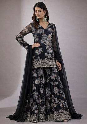 Midnight Black Floral Print Chinon Sharara Set