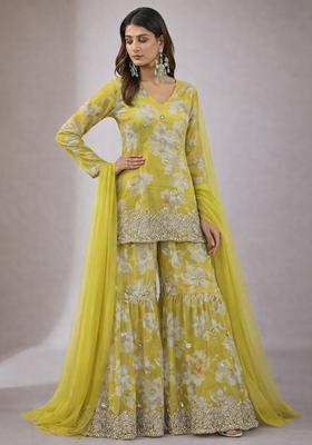 Mustard Yellow Floral Print Chinon Sharara Set