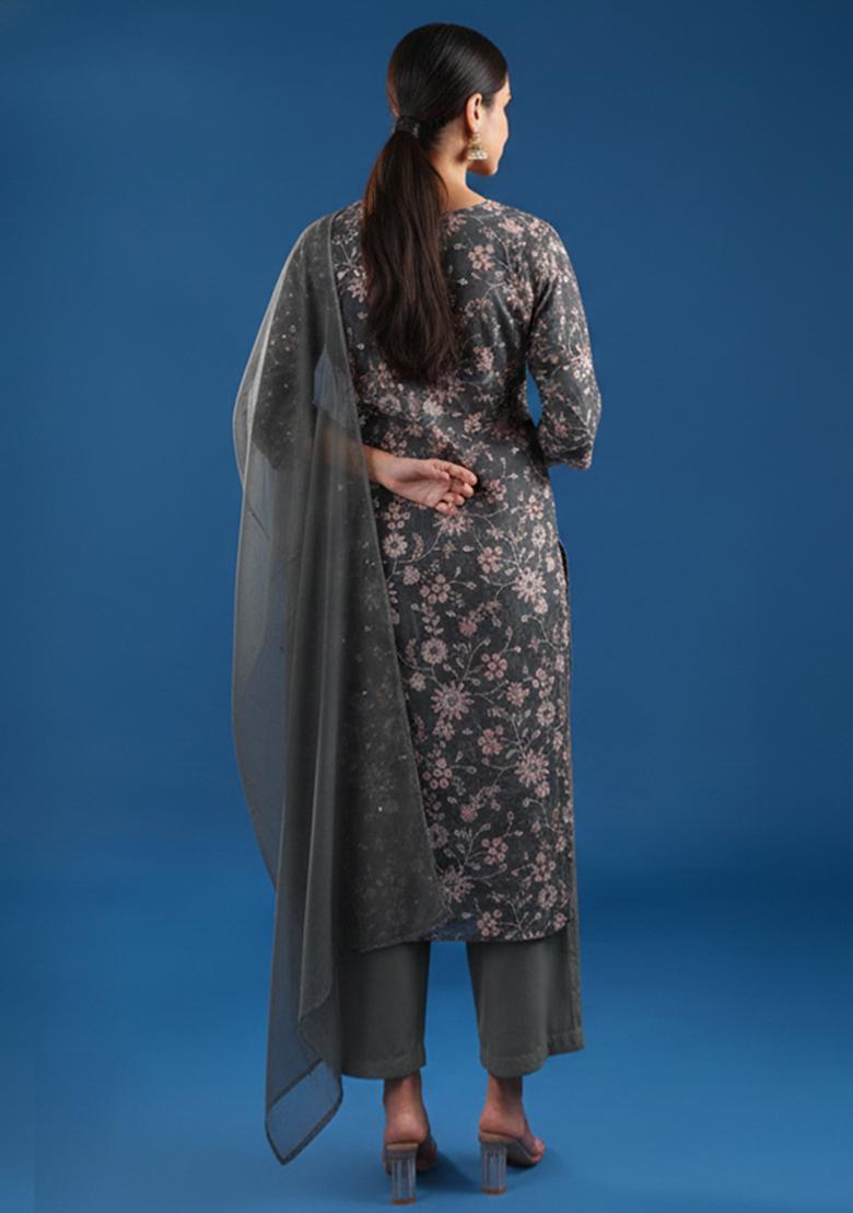 Charcoal Grey Floral Print Poly Straight Kurta Set - Indya