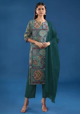 Deep Teal Printed Poly Straight Kurta Set