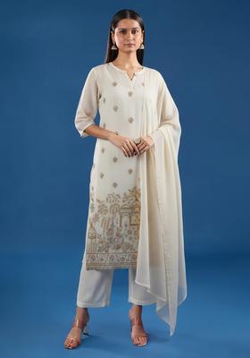 Off-White Embroidered Crepe Straight Kurta Set