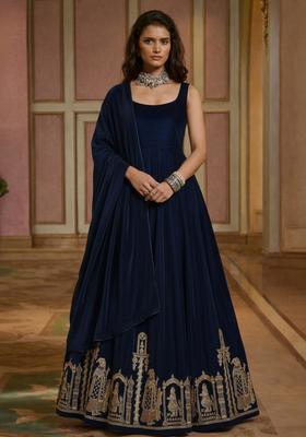 Navy Blue Embroidered Velvet Anarkali Set