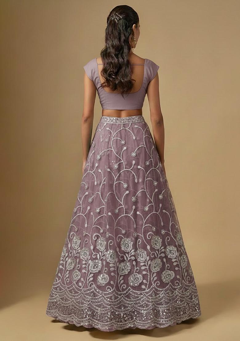 Dusty Mauve Sequin Embroidery Net Lehenga Set - Indya