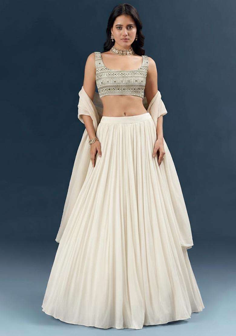 Off White Georgette Lehenga Set With Sequin Embroidery Blouse - Indya