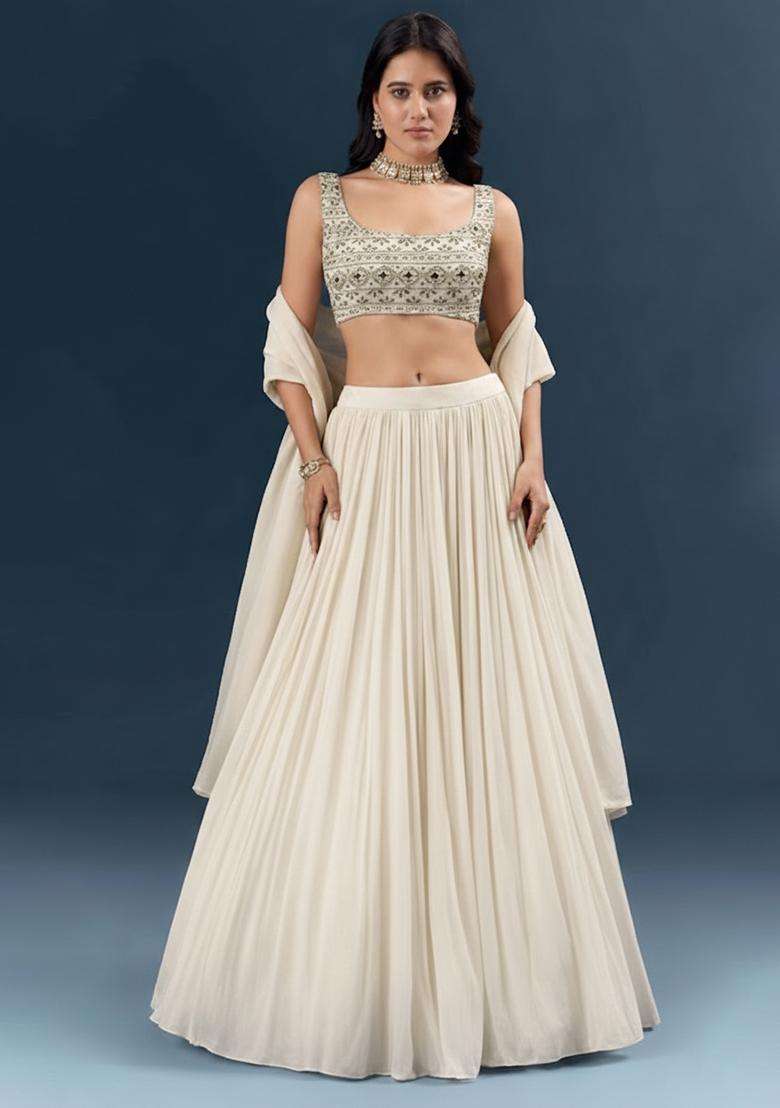 Off White Georgette Lehenga Set With Sequin Embroidery Blouse - Indya
