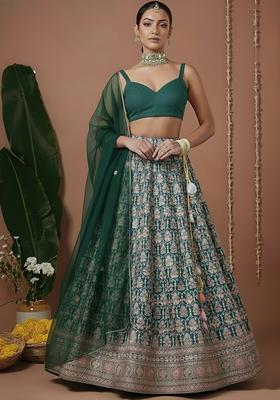 Bottle Green Embroidered Silk Blend Lehenga Set