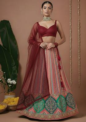 Deep Maroon Embroidered Silk Blend Lehenga Set