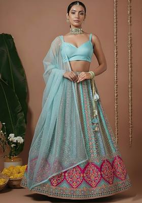 Aqua Blue Embroidered Silk Blend Lehenga Set
