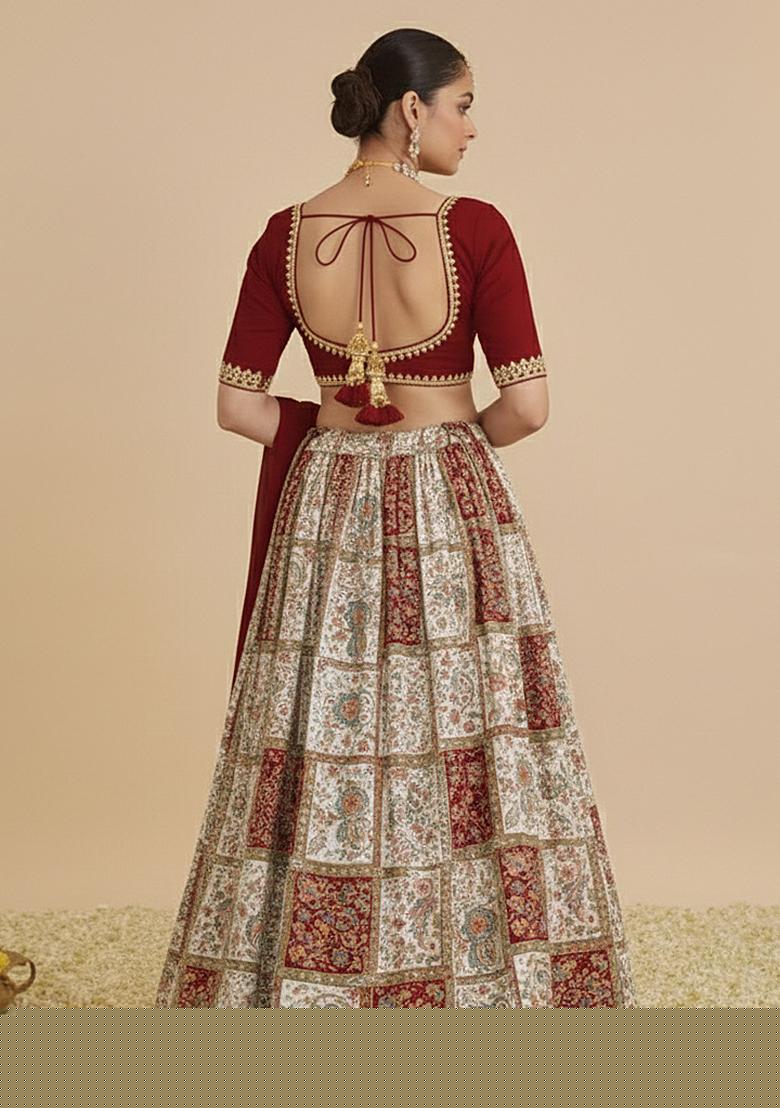 Maroon Printed Poly Blend Lehenga Set - Indya