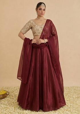 Deep Maroon Tissue Lehenga Set With Printed Buti Blouse