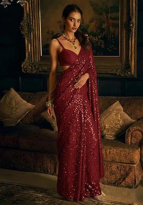 Rich Maroon Sequin Work Net Pre Draped Saree Set