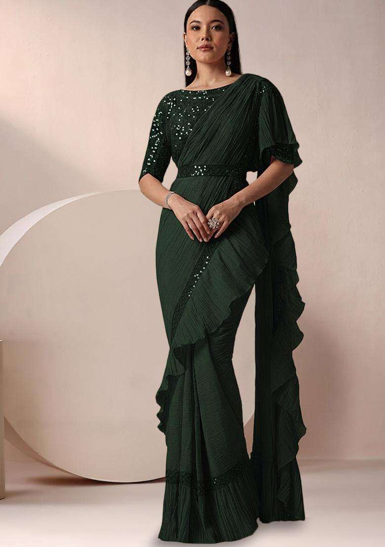 Black Net Ruffle Saree With Sequin Embroidery Blouse - Indya