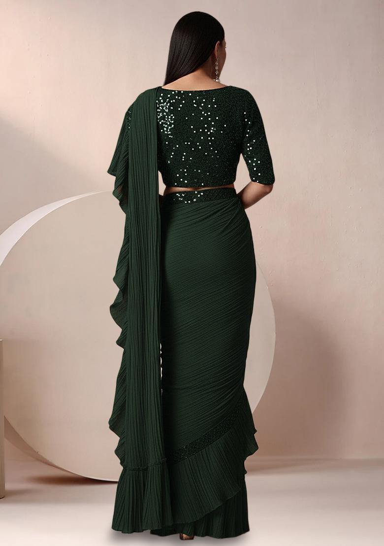 Black Net Ruffle Saree With Sequin Embroidery Blouse - Indya