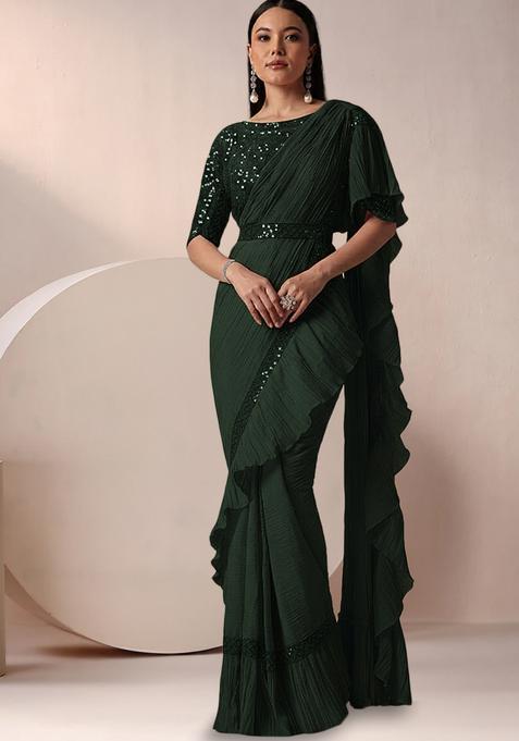 Black Net Ruffle Saree With Sequin Embroidery Blouse