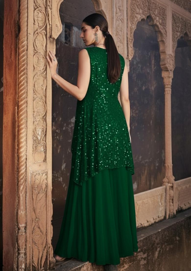 Deep Bottle Green Sequin Embellishment Georgette Fusion Set - Indya