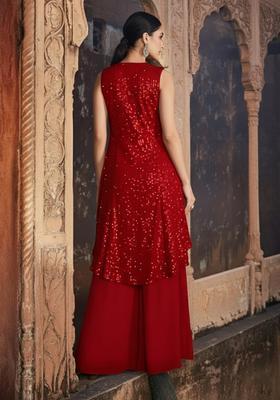 Wine Red Sequin Embellishment Georgette Fusion Set
