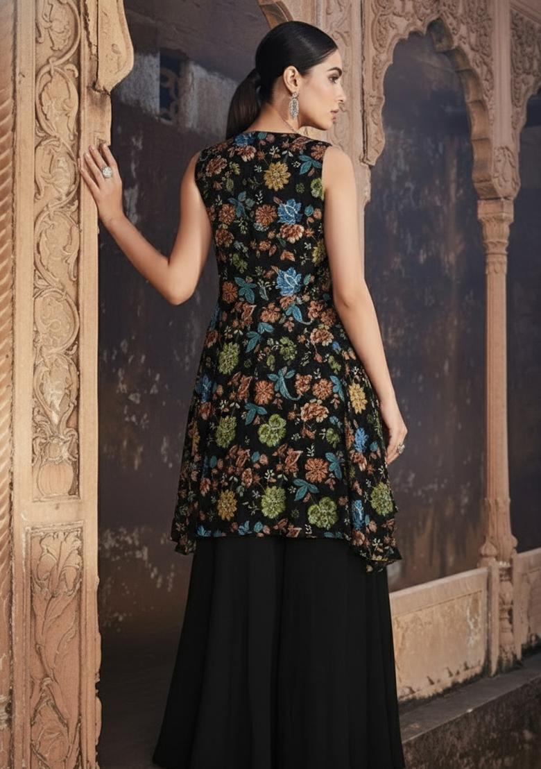 Black Embroidered Crepe Fusion Set - Indya