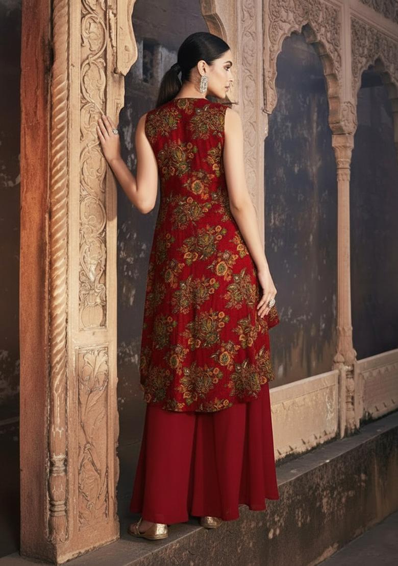 Wine Red Embroidered Organza Fusion Set - Indya