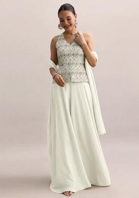Cream Sequin Embroidery Georgette Fusion Set