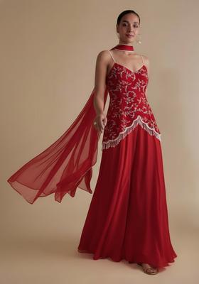 Red Crepe Fusion Set With Embroidered Blouse