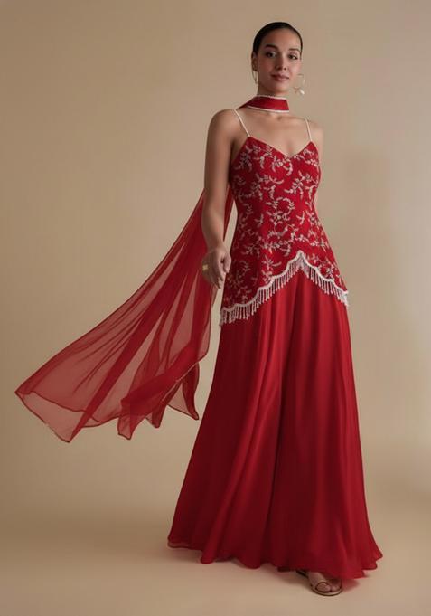 Red Crepe Fusion Set With Embroidered Blouse