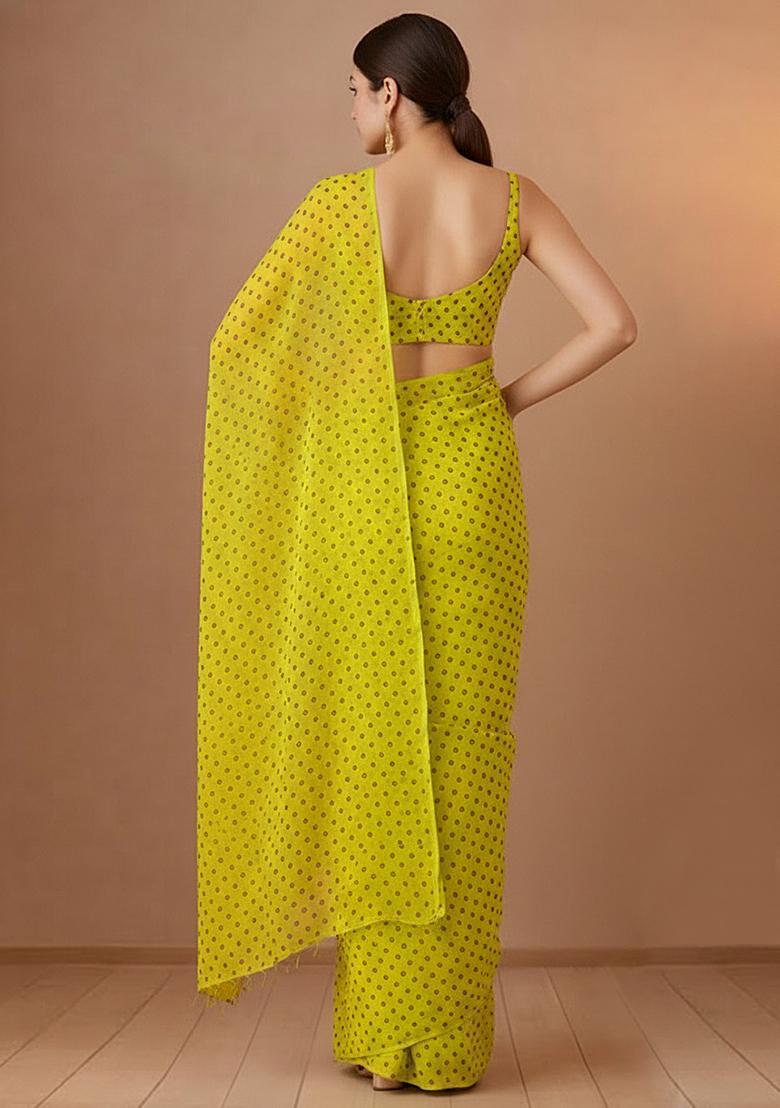 Lime Green Printed Organza Pre Draped Saree Set - Indya