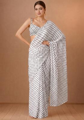 Off-White Printed Georgette Pre Draped Saree Set