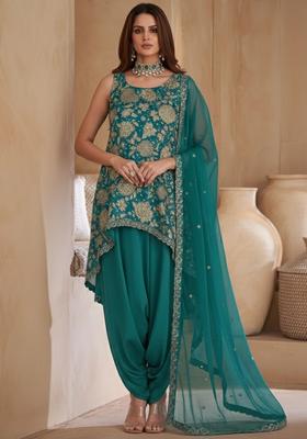 Blue Embroidered Crepe Punjabi Suit
