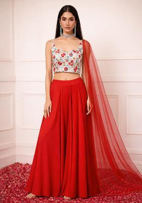 Red Floral Print Crepe Fusion Set