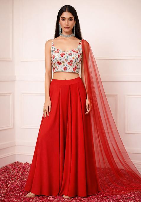 Red Floral Print Crepe Fusion Set
