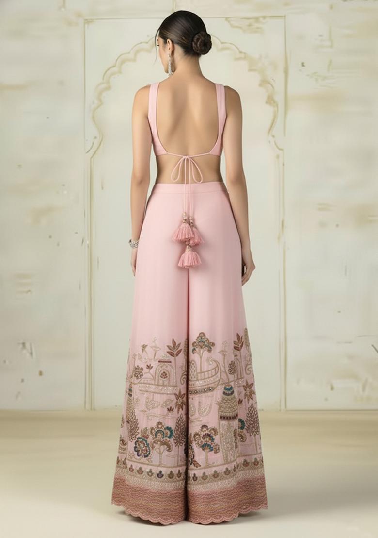 Baby Pink Embroidered Tissue Fusion Set - Indya