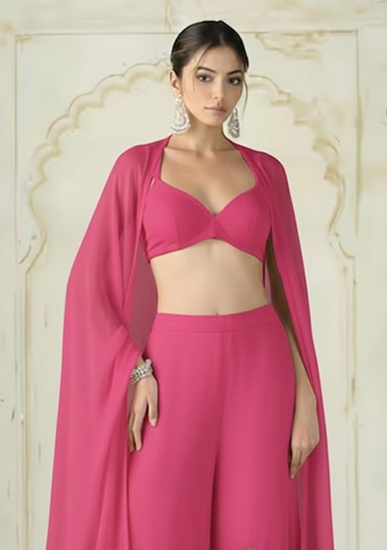 Pink Embroidered Tissue Fusion Set - Indya