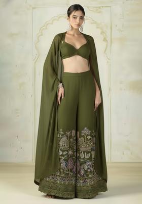 Olive Green Embroidered Tissue Fusion Set