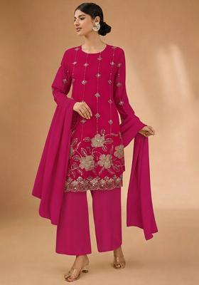 Pink Embroidered Crepe Straight Kurta Set