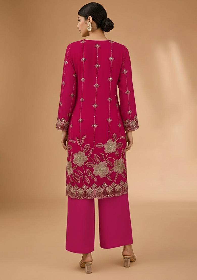 Pink Embroidered Crepe Straight Kurta Set - Indya