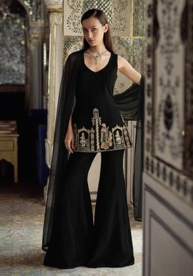 Black Embroidered Velvet Sharara Set