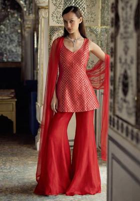 Red Brocade Sharara Set