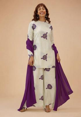 Purple Embroidered Crepe Straight Kurta Set