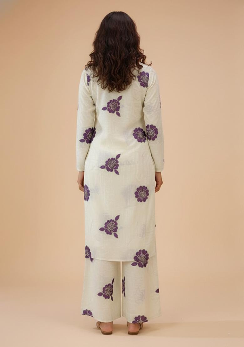 Purple Embroidered Crepe Straight Kurta Set - Indya