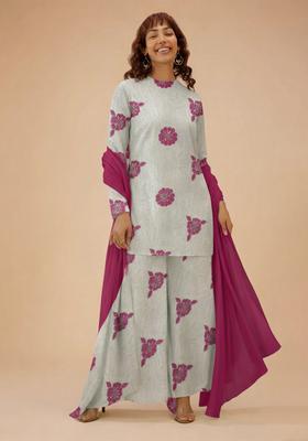 Pink Printed Crepe Sharara Set