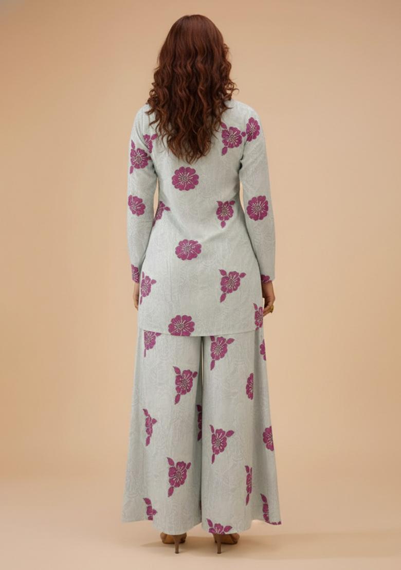 Pink Printed Crepe Sharara Set - Indya