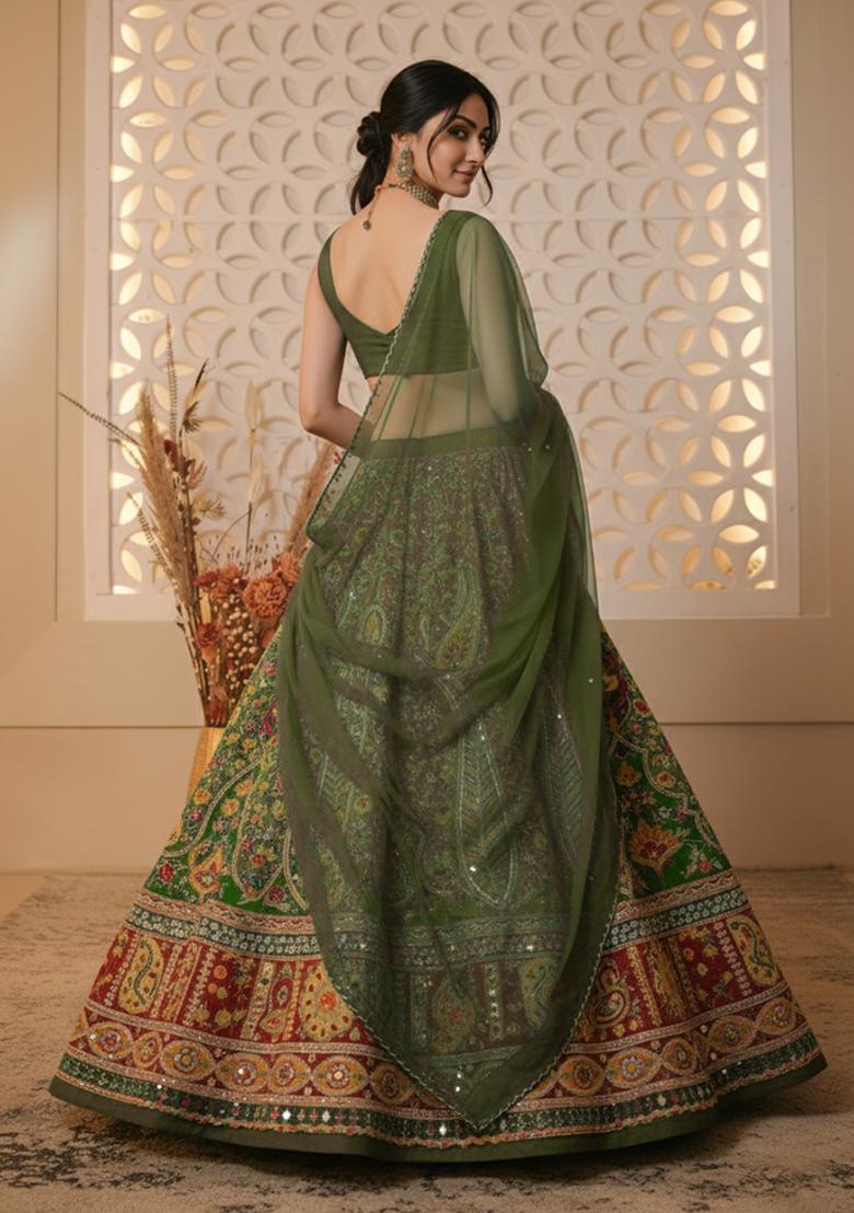 Green Floral Print Crepe Lehenga Set - Indya