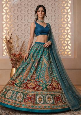 Peacock Blue Floral Print Crepe Lehenga Set