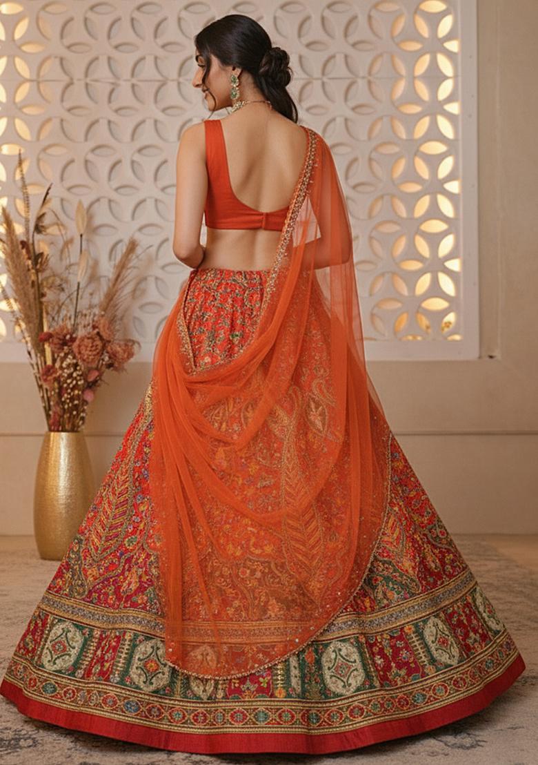 Orange Floral Print Crepe Lehenga Set - Indya