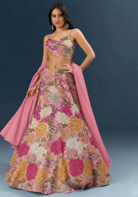 Pink Floral Print Crepe Lehenga Set