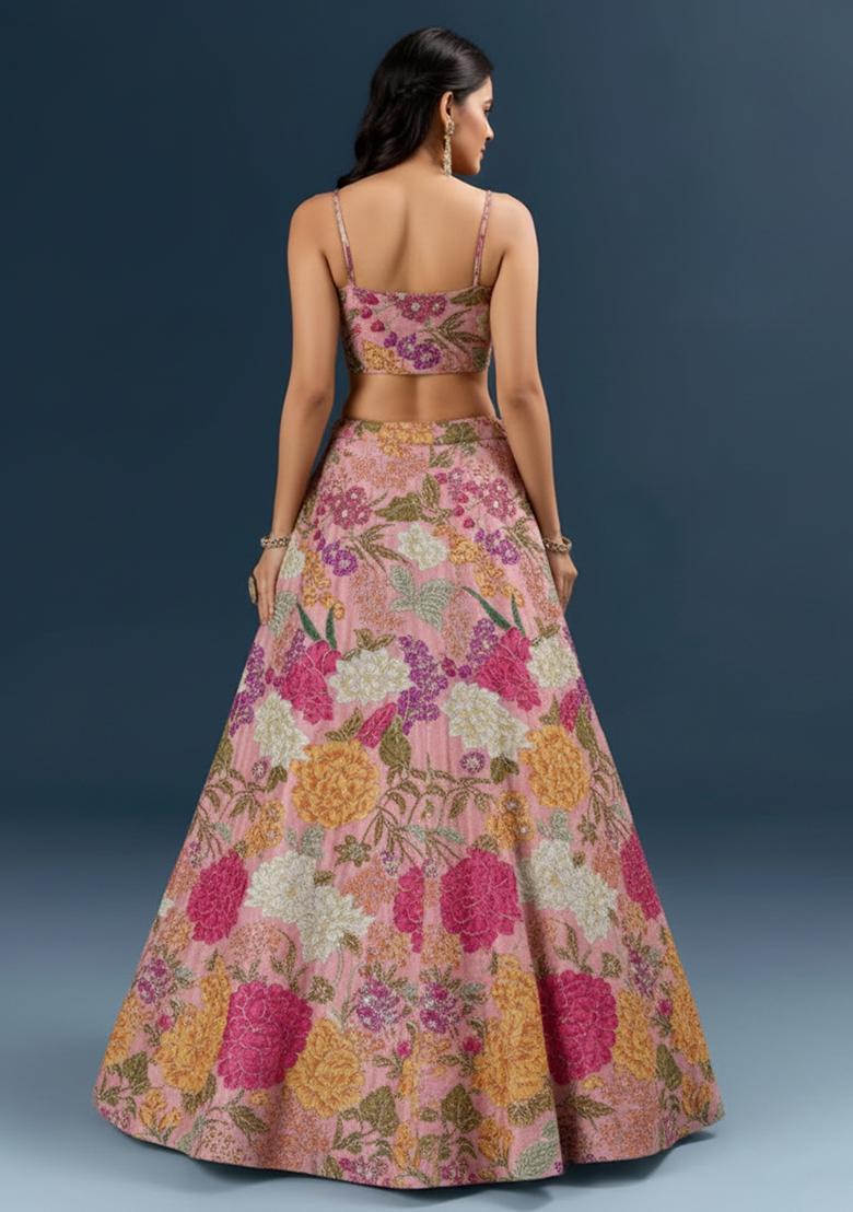 Pink Floral Print Crepe Lehenga Set - Indya