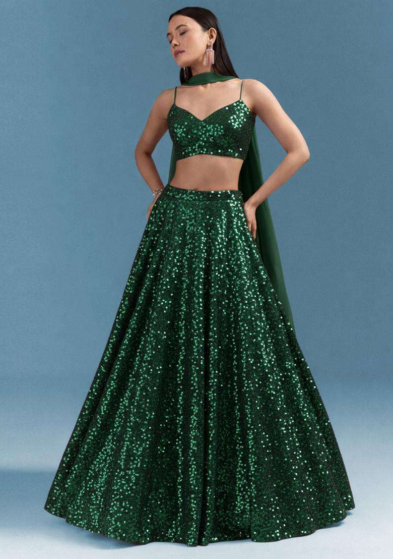 Bottle Green Embroidered Georgette Lehenga Set - Indya