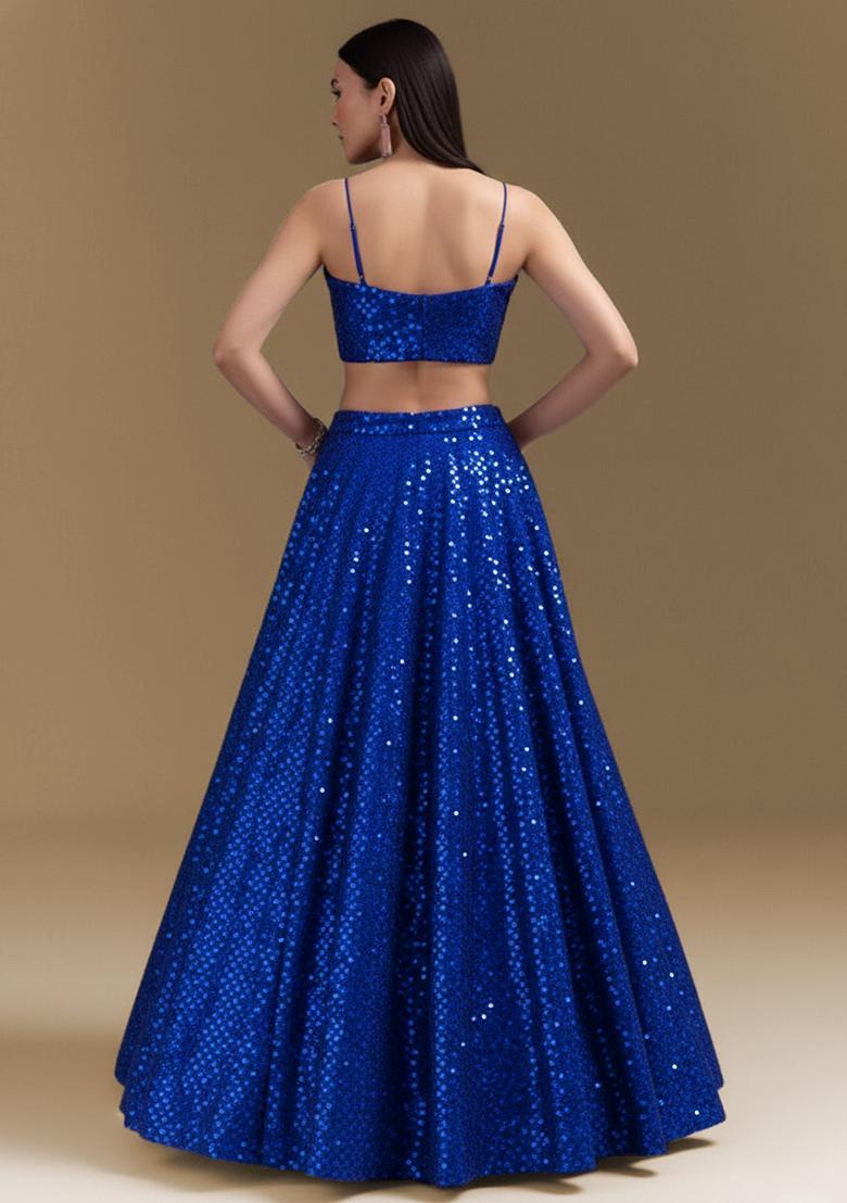 Royal Blue Embroidered Georgette Lehenga Set - Indya